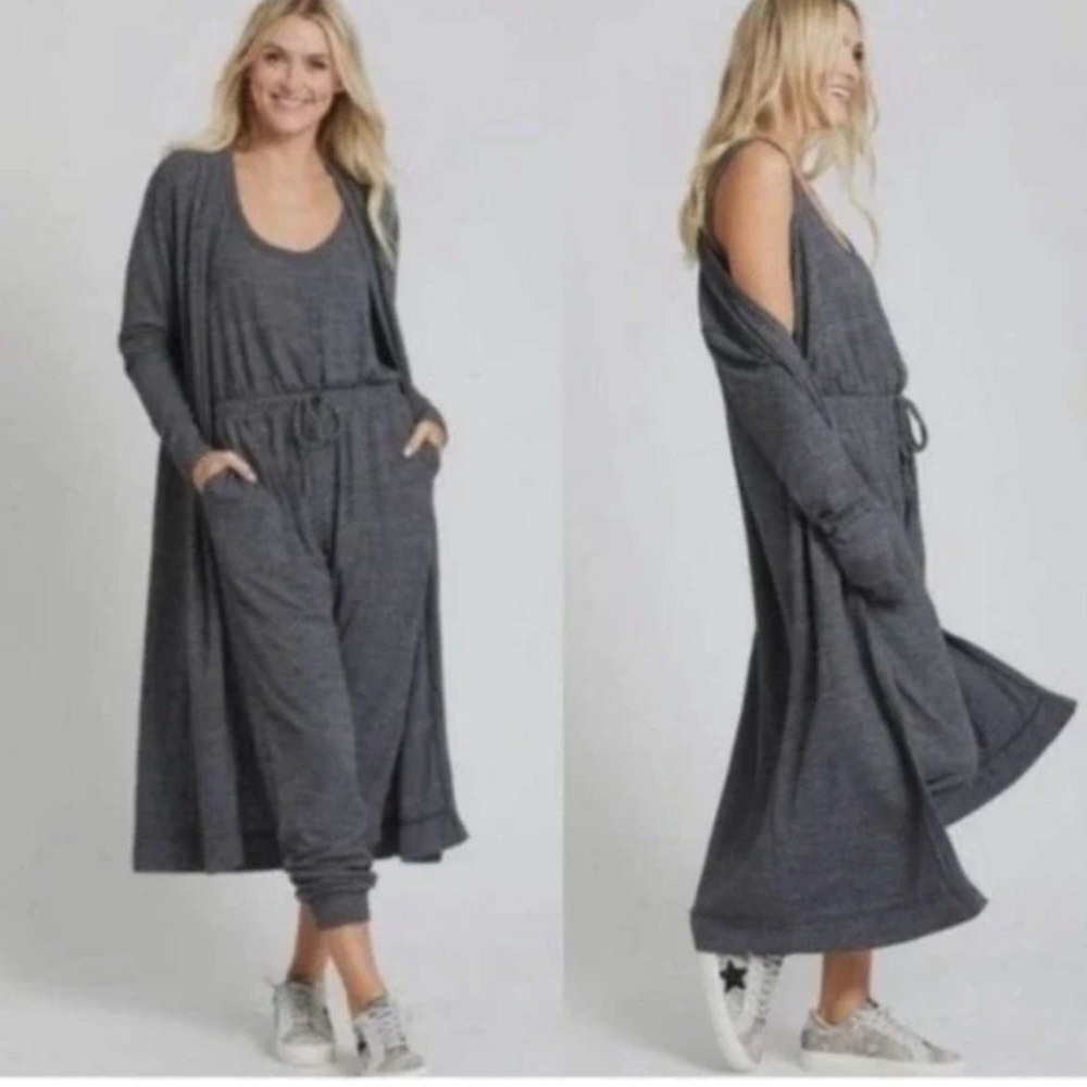 FP Beach Free People Bicostal Duster Cardigan Long Line Gray Beachy Cozy Lounge